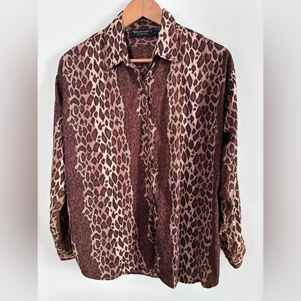 Brown 100% Polyester Leopard Print Button-Up Shir… - image 1